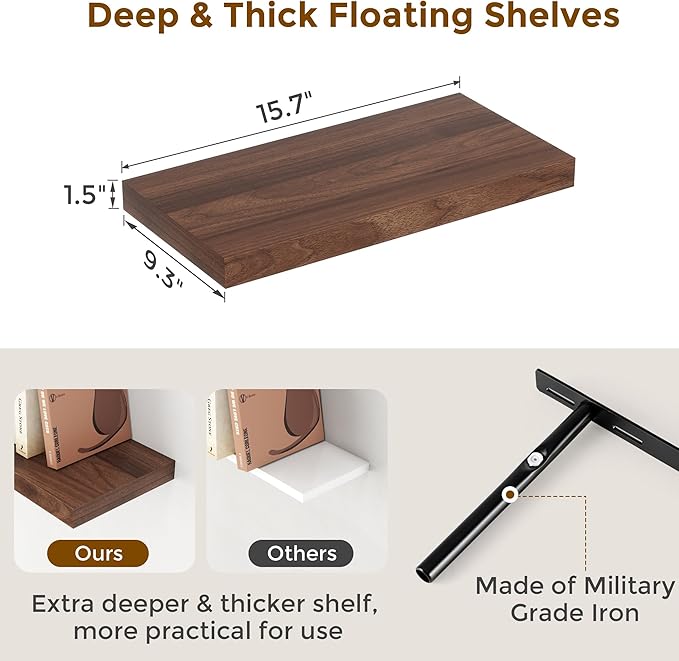 Floating Shelves for Wall, 16x9.3 Wall Shelves Set of 2, Rustic Deep Bathroom Shelf, 9.3 Inch Deep Floating Shelf for Home Decor & Storage, Deep Shelves for Kitchen, Bedroom, Walnut Color