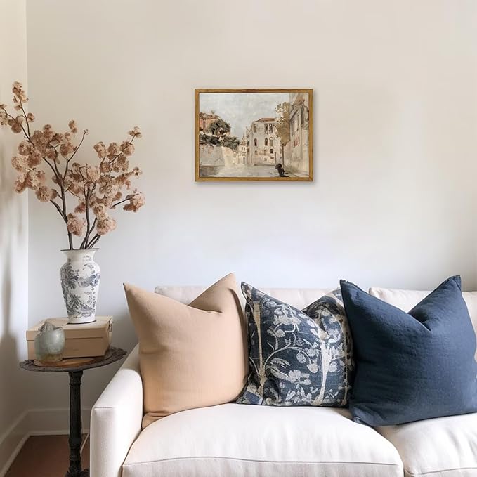 KBKBART Vintage Wall Art, Retro Neutral Italy Wall Art Framed Canvas Art Prints Venice Canva Painting Farmhouse Decor, Rustic Impressionism Scenic Landscape Wall Decor for Bathroom, Bedroom Living Room, Vintage Wall Decor(8"x10")