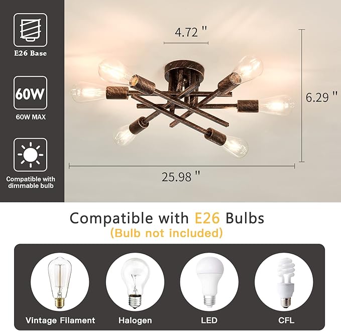 ASGYISA 6-Lights Semi Flush Mount Ceiling Light Fixture Vintage Modern Bronze Matte Sputnik Chandelier Farmhouse Ceiling Lamp for Kitchen Bedroom Dining Room Living Room Entryway.