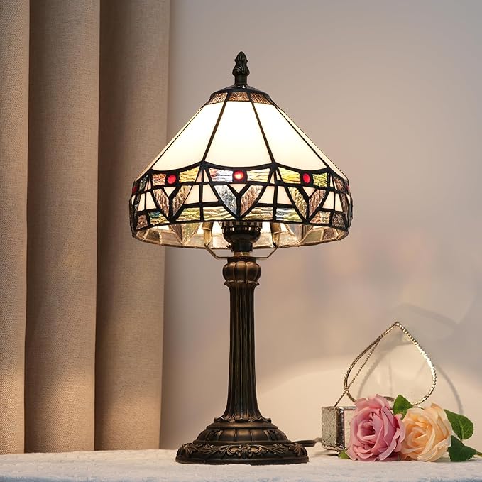 Tiffany Lamp 8 Inch Small Stained Glass Table Lamp with Roman Nordic Style Design Warm Color Reading Light Dining Rooms Bedrooms Offices Study Rooms Tiffany Style Retro Home Decoration Crafts (White)