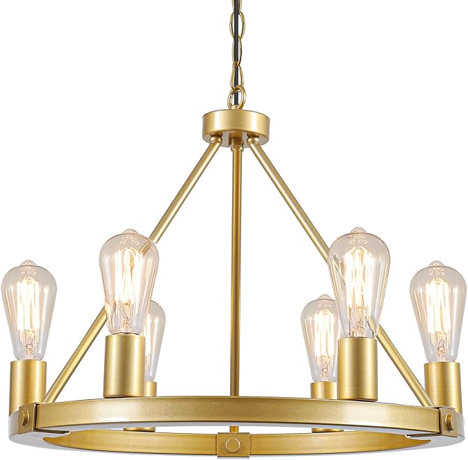 9MMML Gold Wagon Wheel Chandelier, 6-Light Industrial Pendant Light, 20'' Farmhouse Ceiling Hanging Chandelier Light Fixture for Living Room, Bedroom, Entryway, Foyer