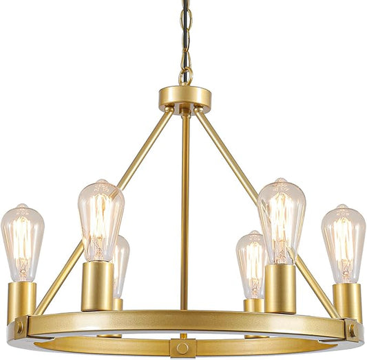 9MMML Gold Wagon Wheel Chandelier, 6-Light Industrial Pendant Light, 20'' Farmhouse Ceiling Hanging Chandelier Light Fixture for Living Room, Bedroom, Entryway, Foyer