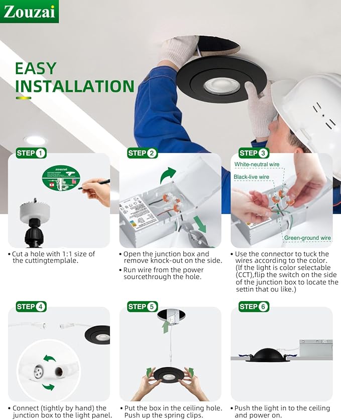zouzai 12 Pack 4 inch Black 5CCT LED Gimbal Led Recessed Light with Junction Box,360°+ 90° Adjustable Directional Eyeball Lighting, Dimmable, 2700K/3000K/3500K/4000K/5000K,10W=85W-ETL&Energy Star