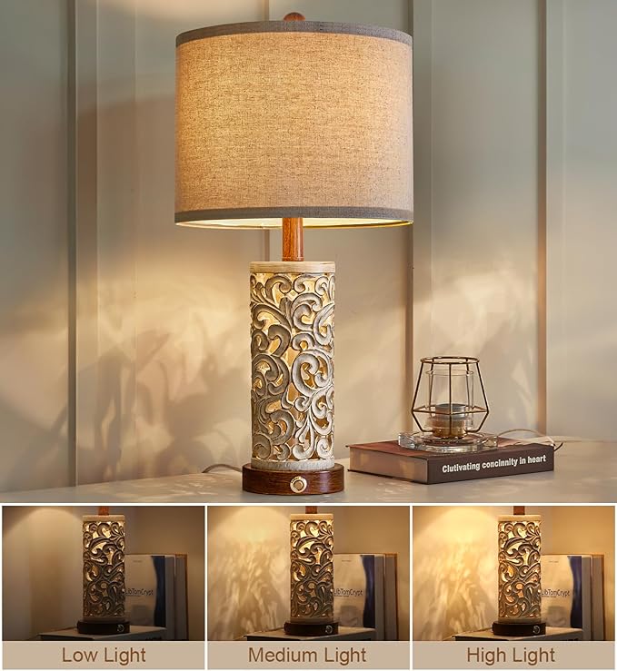 OYEARS 3-Way Dimmable 22'' USB A+C Touch Control Table Lamp with Nightlight for Living Room Bedroom Farmhouse Bedside Nightstand Lamps (Brown Bulb Included