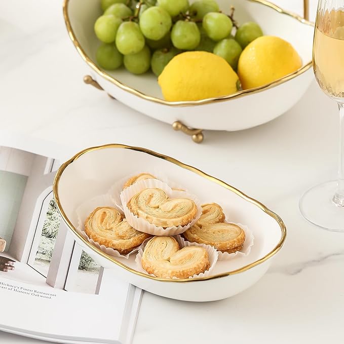 Ceramic Fruit Bowl for Kitchen Counter - 3 Tier Fruit Basket with Metal Stand, Tiered Fruit Stand for Countertop, Snack, Nuts, Cake, Dessert, Small & Cute (Gold-rimmed)