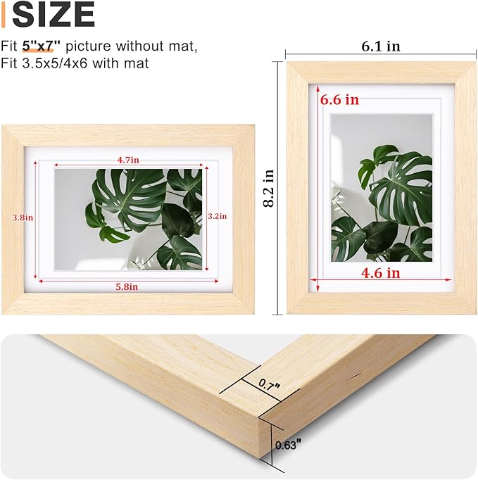 Egofine 5x7 Picture Frames Set of 4, Made of Solid Wood Covered by Plexiglass 3.5x5 and 4x6 with Mat or 5x7 without Mat, for Table Top Display and Wall Mounting Photo Frame Oak Wood