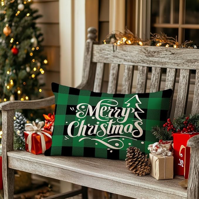 GEEORY Merry Christmas Throw Pillow Covers 12x20 Inch Set of 4, Xmas Trees Truck Green Buffalo Plaid Believe Farmhouse Decorative Cushion Cases for Home Decoration G595-12