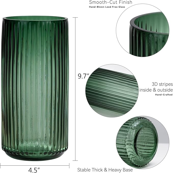 Flower Vase 9.7 inch Green Thickened Hand Blow Glass Vase Round Vintage Striped Bottles for Bookshelf,Dinner Table,Indoor Office Desktop,Meeting Room,Bathroom,Countertop,Home