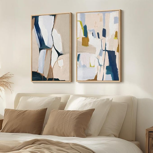 Framed Neutral Abstract Wall Art for Bedroom, 2 Piece Beige and Navy Blue Modern Minimalist Canvas Prints Paintings Artwork for Walls, Colorful Pictures for Living Room Dining Room Wall Decor 16x24 In