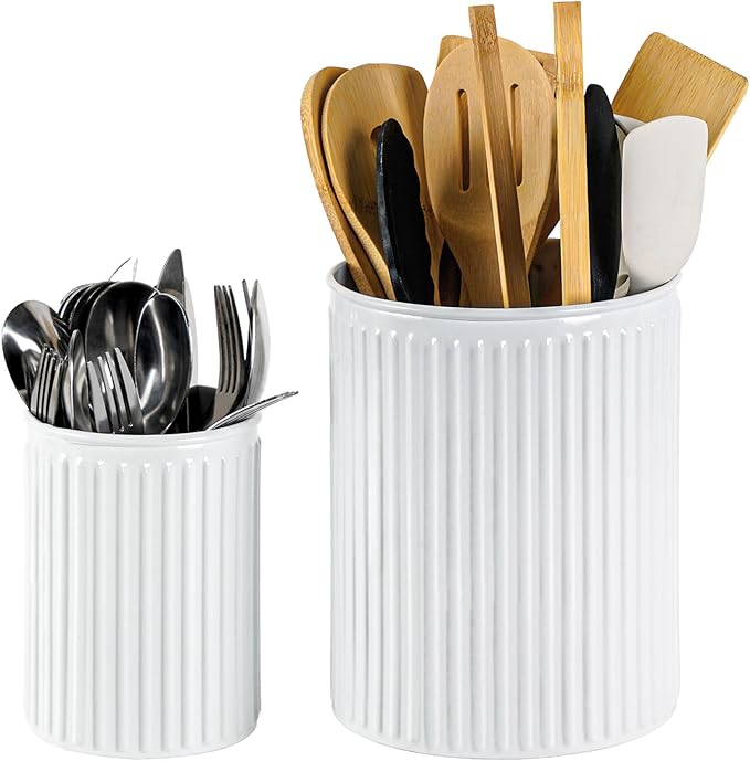 2 Pack Metal Utensil Holder for Kitchen Counter, 7.3"+5.4" Large Cooking Utensil Organizer Vertical Stripe Pattern Embossed Utensil Caddy for Party Cutlery Tool Holder Storage, White