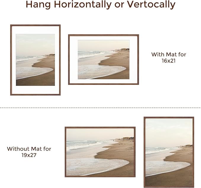 Solid Oak Wood Frame - 19x27, Matted to 16x21, Real Glass, Walnut Color, 1 Pack