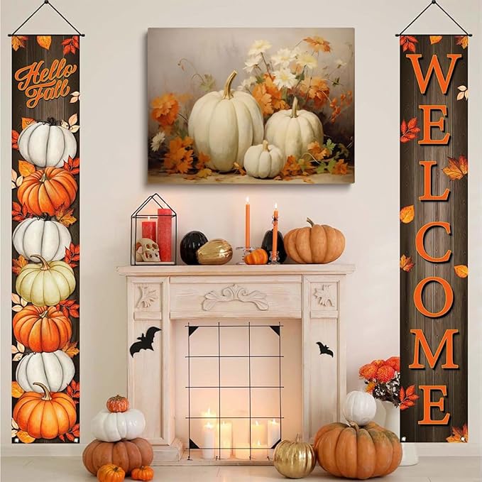 Framed Fall Wall Decor Still Life Canvas Painting Posters Thanksgiving Rustic Fall Wall Art Vintage Autumn poster Halloween Autumn Decor 16x24 framed