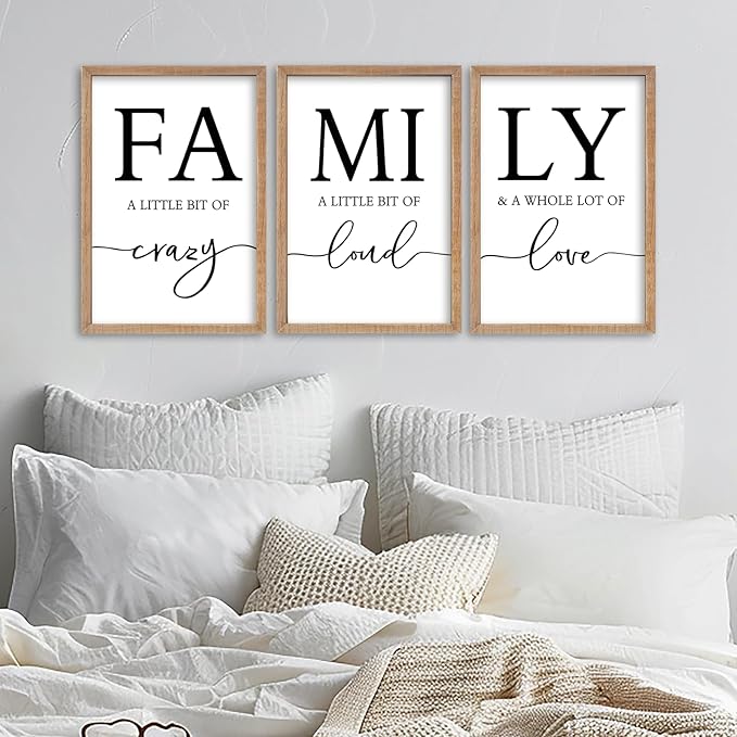 SRSZHIYUE Family Wall Art A Little Bit Of Crazy Loud Sign Wall Decor Art Set of 3 16"×11" Prints Wood Framed for Large Rustic Farmhouse Minimalist Living Room Entryway Wall Hanging (Wood)