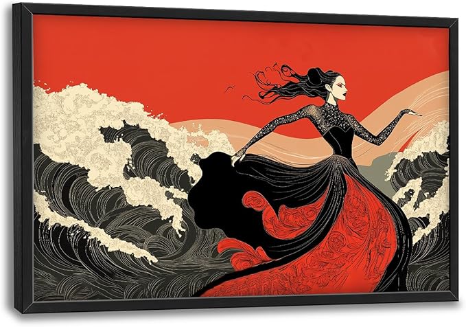 Flintis Large Black White and Red Dancer Framed Wall Art Woman Dancing Waves Pictures Wall Decor Abstract Canvas Painting Print Artworks Framed for Living Room Bathroom Master Bedroom 36L X 24W
