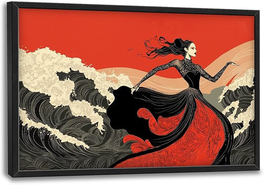 Flintis Large Black White and Red Dancer Framed Wall Art Woman Dancing Waves Pictures Wall Decor Abstract Canvas Painting Print Artworks Framed for Living Room Bathroom Master Bedroom 36L X 24W