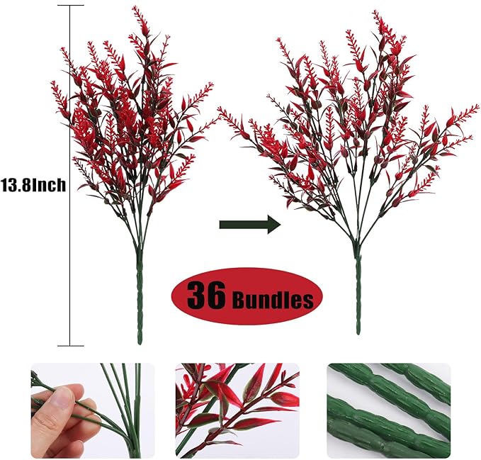 RECUTMS Spring Decoration, Artificial Greenery,36 Pcs Artificial Flowers Outdoors Fake Lavender Plants Indoor UV Resistant Plastic Faux Bouquets for Outdoor Home Garden Porch Decoration(Red)