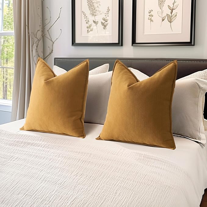 MIULEE Pack of 2 Mustard Yellow Decorative Pillow Covers 18x18 Inch Soft Chenille Luxurious Couch Throw Pillows Farmhouse Cushion Covers with Elegant Design for Sofa Bedroom Living Room Home Decor
