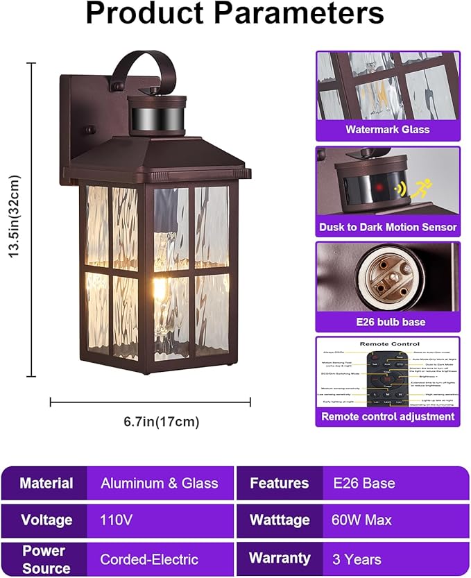 Porch Lights Outdoor with Remote Control: 2 Pack Motion Sensor Exterior Lighting Fixtures Intelligent 4 Lighting Modes Outdoor Wall Lights Sconce Lights for House Patio Front Door Garage