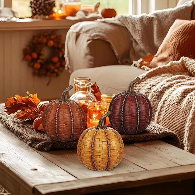 6 Inch Large Artificial Pumpkins, 3 Pcs Fall Pumpkin Decor Orange Clay Brown Dark Red Faux Resin Pumpkins Woven Pumpkin Centerpiece for Rustic Farmhouse Fall Thanksgiving Autumn Harvest Table Decor