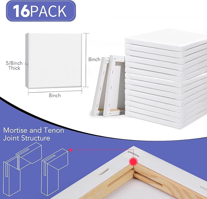 ESRICH Stretched Canvas for Painting, 16 Pack 8x8 Square Canvases for Painting Primed Acid-Free Blank Canvases,Painting Canvas for Beginners, Artists for Oil,Acrylic Paint, Pouring Painting.
