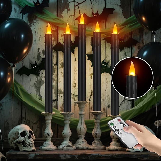 24 Pcs Black Flameless Taper Candles with Remote, 10" Black Battery Operated Led Candlesticks with Flickering 3D Flame, Fake Taper Candles for Halloween Anniversaries Dinner Home Décor