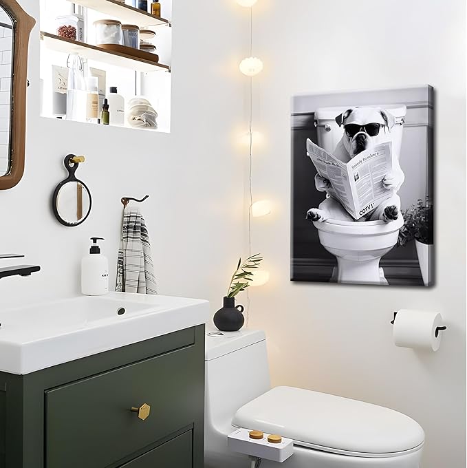 Funny Bathroom Picture Wall Decor - Dog Reading Newspaper on Toilet Canvas Wall Art, Framed Black and White Toilet Bathroom Poster Prints, Cute Animal Art Home Decor 12x16 inch