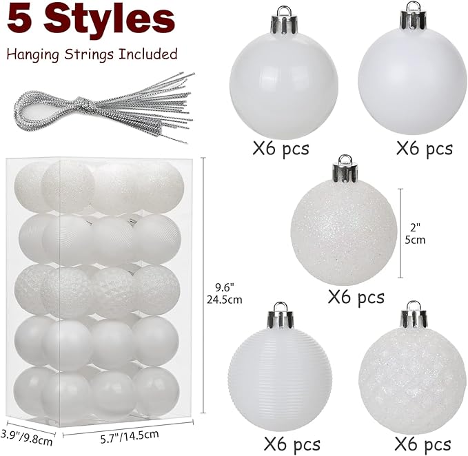 30PCS 2" Christmas Ball Ornaments Shatterproof Pearl White Christmas Tree Decorations Xmas Tree Balls Halloween Ornaments Décor