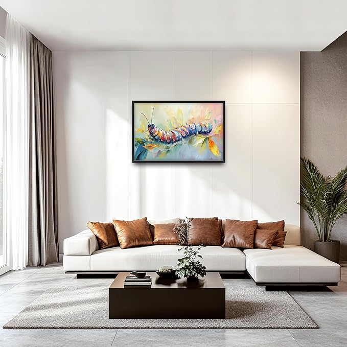 Extra Large Framed Abstract Caterpillar Wall Art,Colorful Cute Caterpillar Leaves Wall Decor Pictures for Living Room,Canvas Print Painting Modern Artwork Bedroom Office Bathroom 36L x24W