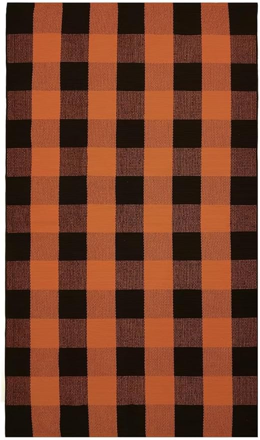 KOZYFLY Buffalo Plaid Rug 4x6 Ft Orange and Black Outdoor Rugs Washable Checke Orange Rug Cotton Hand-Woven Halloween Door Mat Outdoor Indoor Fall Area Rugs for Front Door Patio Kitchen Bedroom