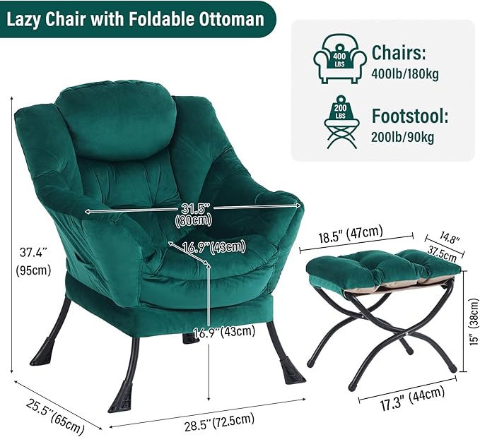 Oversized Chair with Ottoman, Modern Chair with Folding Footrest, Lounge Accent Chair, Comfortable Reading Chair for Bedroom, Study, Living Room, Courtyard (Velvet Dark Green