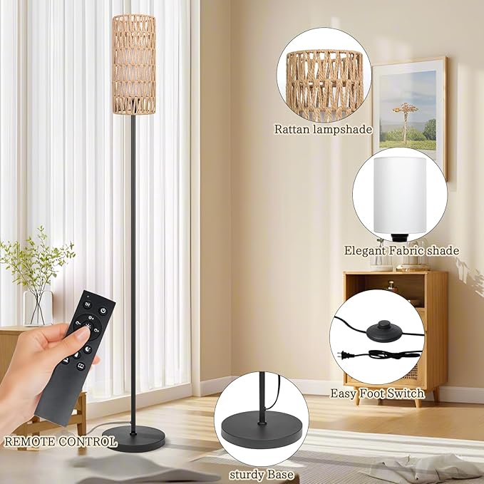 Floor Lamp for Living Room,Farmhouse Rattan Floor lamp,Modern Standing lamp with Dimmer LED Bulb,Black Tall Lamp with Remote Control