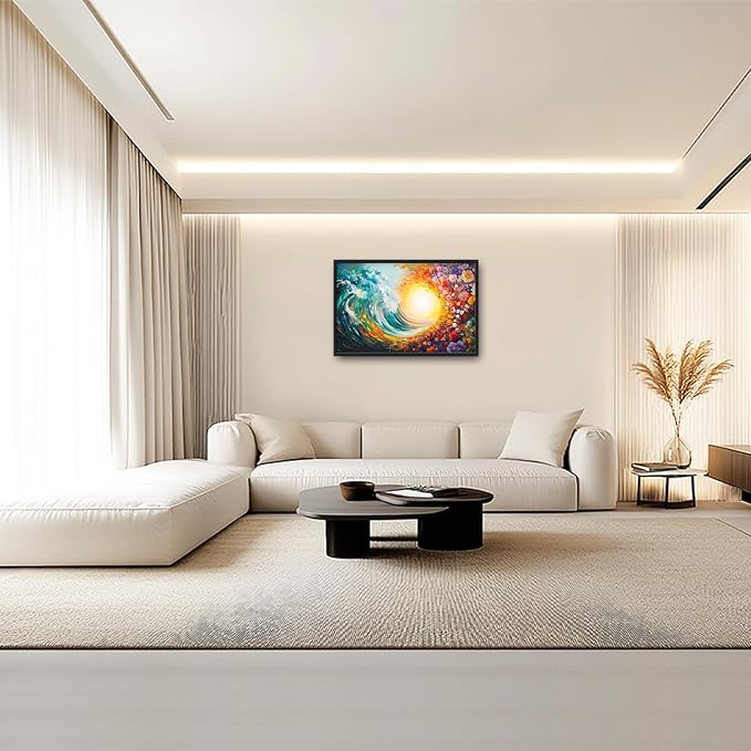 Ocean Framed Wall Art for Living Room, Large Waves with Flowers Canvas Wall Decor, Vintage Beach Pictures Painting, Modern Landscape Artwork for Bathroom Bedroom 36L'' × 24W''