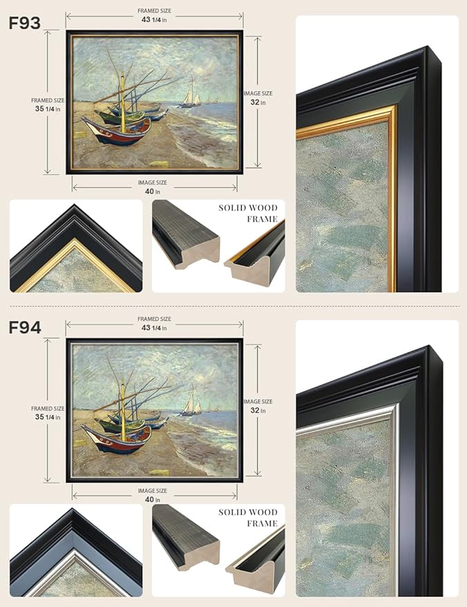 DECORARTS - Boats At Saintes Maire by Vincent Van Gogh Art Reproduction. Oversize Solid Wooden Frame Matching with Giclee Prints Canvas Wall Art. Total framed size: 43x35