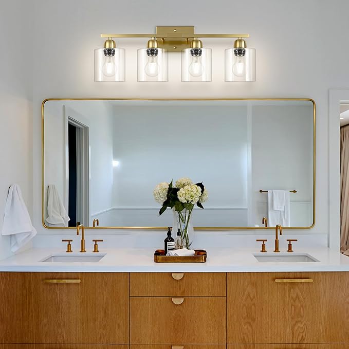 4 Light Gold Light Fixture Bathroom, Brushed Gold Vanity Light with Clear Glass, Lights for Bathroom Mirror for Mirror Living Room Bedroom Hallway E26 Base