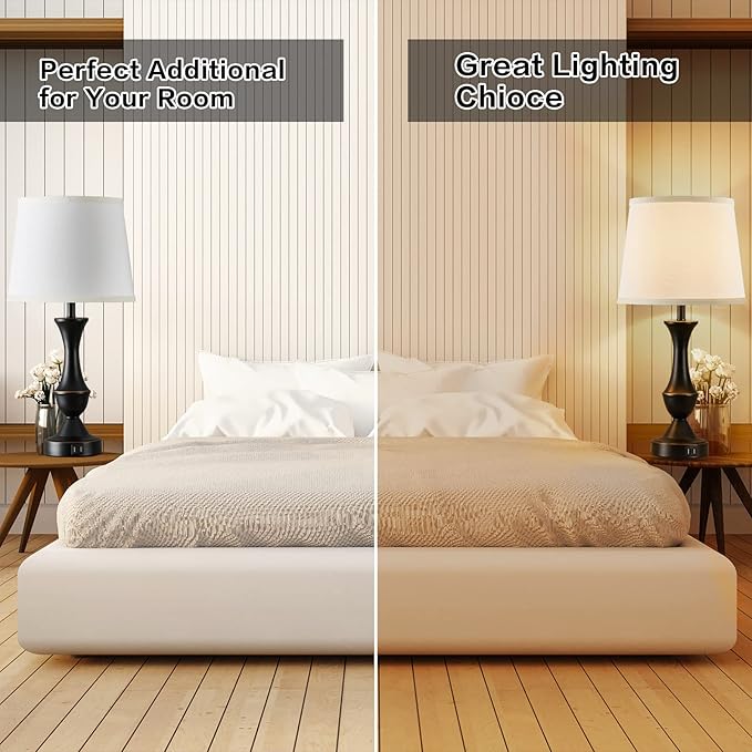 Touch Table Lamps Set of 2, 22" Tall Bedside Lamps with USB C+A Ports, 3-Way Dimmable Nightstand lamps, Table lamp for Bedrooms, Living Room, Office, Black Lamp with White Lampshade, Bulbs Included