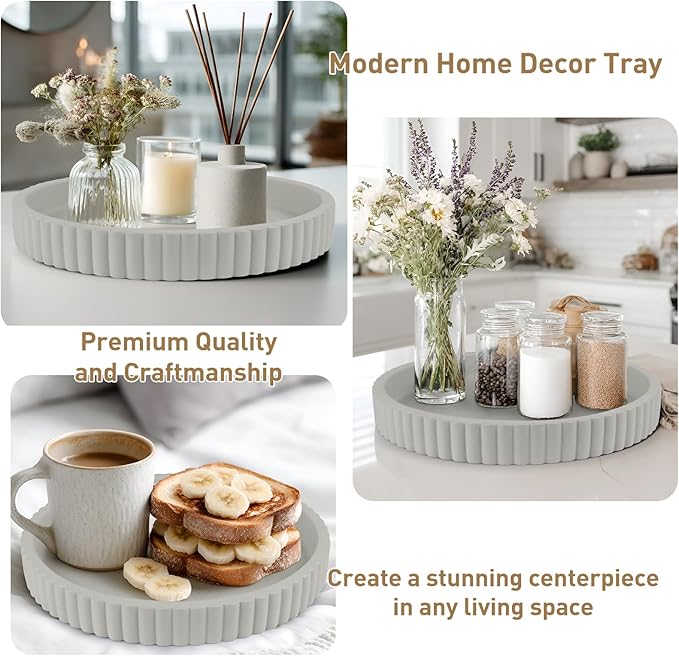 Round Decorative Tray for Coffee Table Decor-Modern Home Decor Tray-Concrete Coffee Table Serving Tray-Centerpiece Table Tray-Ottoman,Vanity, Bathroom, Kitchen,Dresser (Gray)