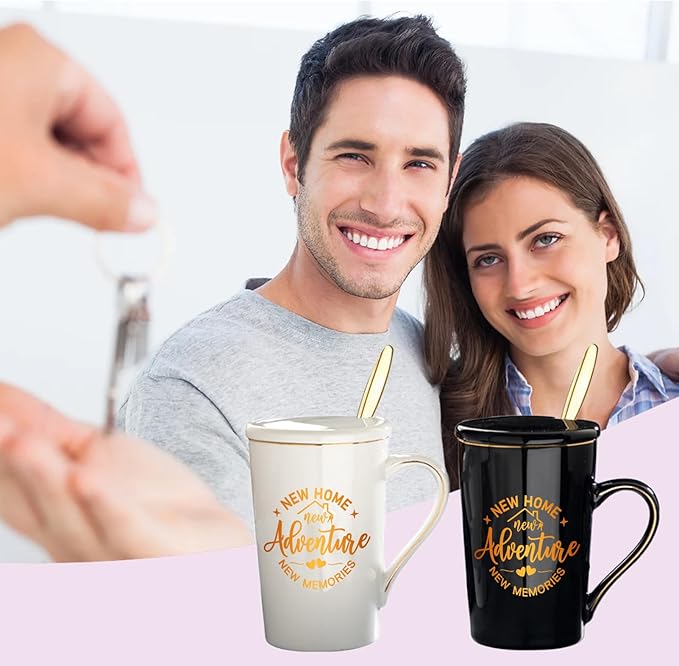 House Warming Gifts New Home Coffee Mug Set for Couple, Women, Friends, New Homeowner, Realtor, Welcome First Home Closing Gifts, 14oz Black and White Ceramic Cup