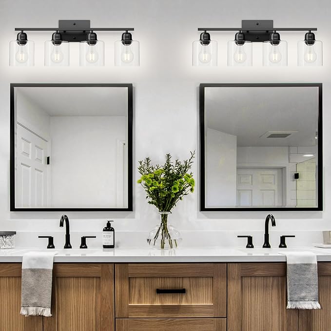 Black Vanity Lights for Bathroom 4 Light, Black Bathroom Light with Clear Glass, Wall Lights for Mirror Living Room Bedroom Hallway E26 Base