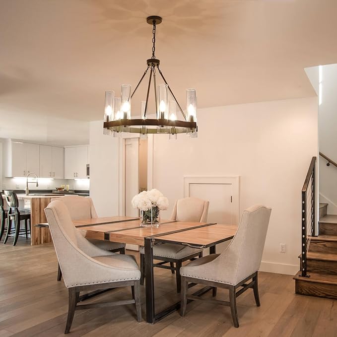 Black Wagon Wheel Chandeliers with Glass Shade, 8-Lights Farmhouse Chandeliers for High Ceiling, 28 Inch Round Black Pendant Light Fixtures for Dining Room, Living Room, Bedroom, Foyer