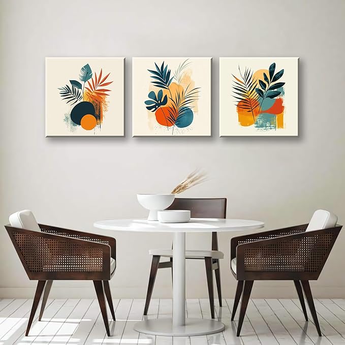 NAN Wind 3Pcs Modern Abstract Botanical Canvas Wall Art Colorful Leaf Prints Contemporary Floral Art for Living Room Minimalist Plant Decor Geometric Canvas Set Ready to Hang for Home Decor