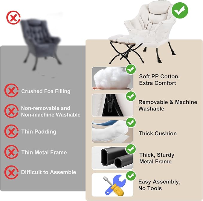 Lazy Chair with Ottoman, Modern Chair with Folding Footrest, Lounge Accent Chair, Comfortable Reading Chair, Oversized Armchairs for Bedroom, Study, Living Room, Courtyard (Beige