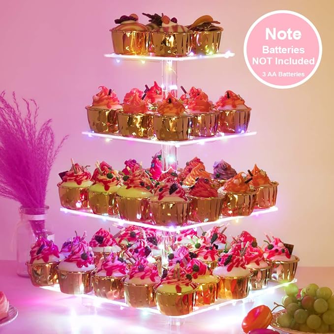 Cupcake Stand – Premium Holder Acrylic Tower Display Cady Bar Party Décor 4 Tier for Pastry + LED Light String Ideal Weddings, Birthday(Colorful light)