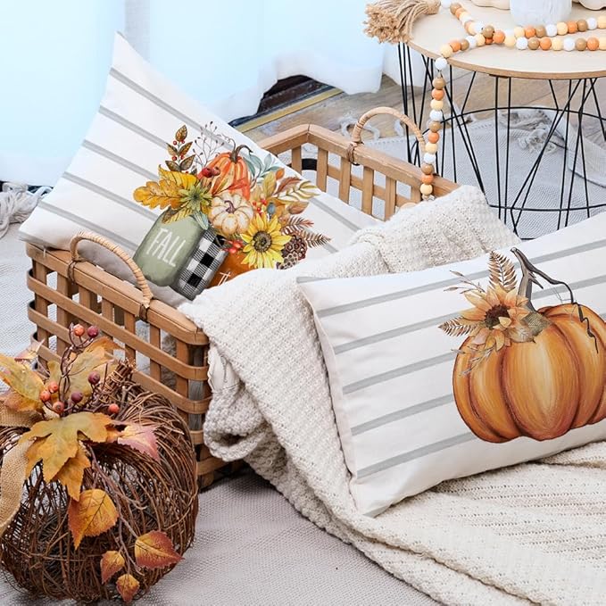 AACORS Fall Pillow Covers 12 x 20 Inch Set of 4, Pumpkin Home Sweet Home Thankful Grateful Blessed Harvest Floral Decorations Autumn Seasonal Pillow Case Decor for Sofa Couch AA556-12