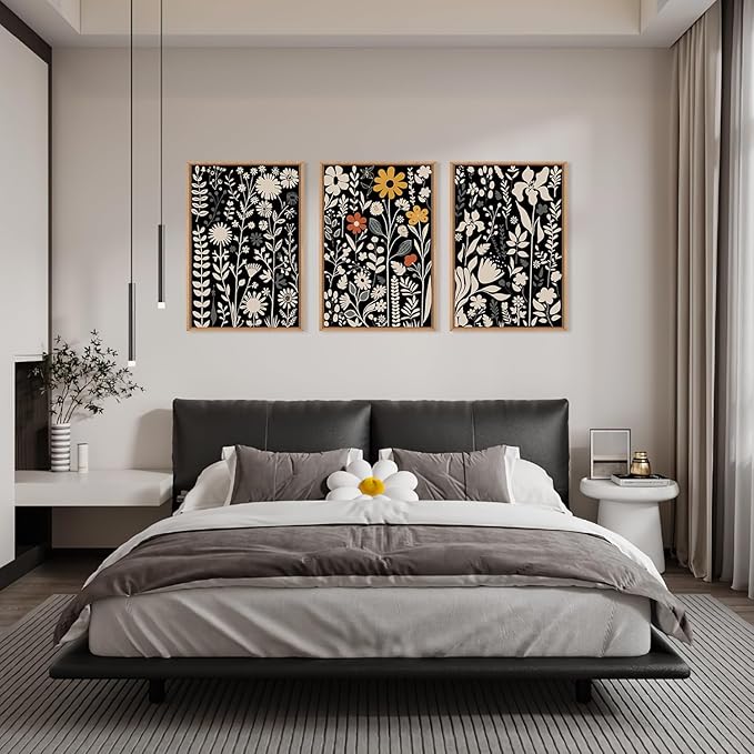 HOURIA Large Moody Boho Floral Framed Canvas Wall Art Set,Mid Century Black Flower Leaf Wall Decor,Retro Dark Wildflower Artwork,Minimalist Botanical Art Print for Living Room,Bedroom,Office-24"x36"x3