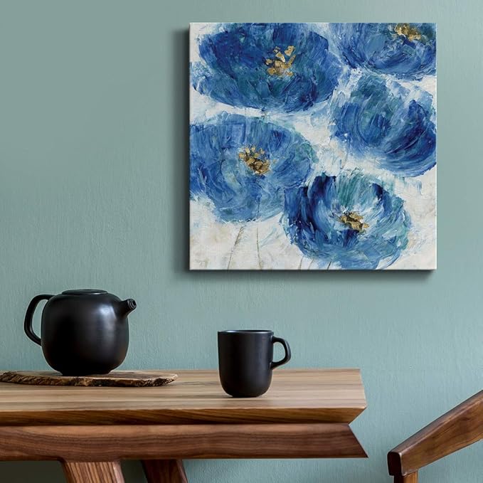 Wexford Home Square Premium Gallery Wrapped Canvas Flower Multicolor Wall Art Abstract Floral Romance Modern Pictures Print for Home Office, Ready to Hang, blue floral fleck, 10x10