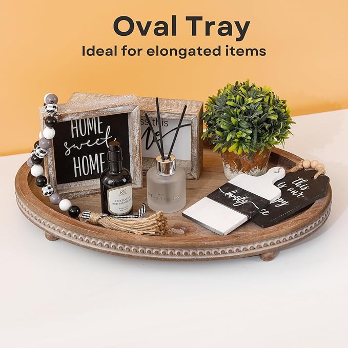 Decorative Tray, Oval Wooden Tray for Coffee Table Decor Kitchen Dinning Table Entryway, Small Beaded Tray for Holidays, Distressed Brown