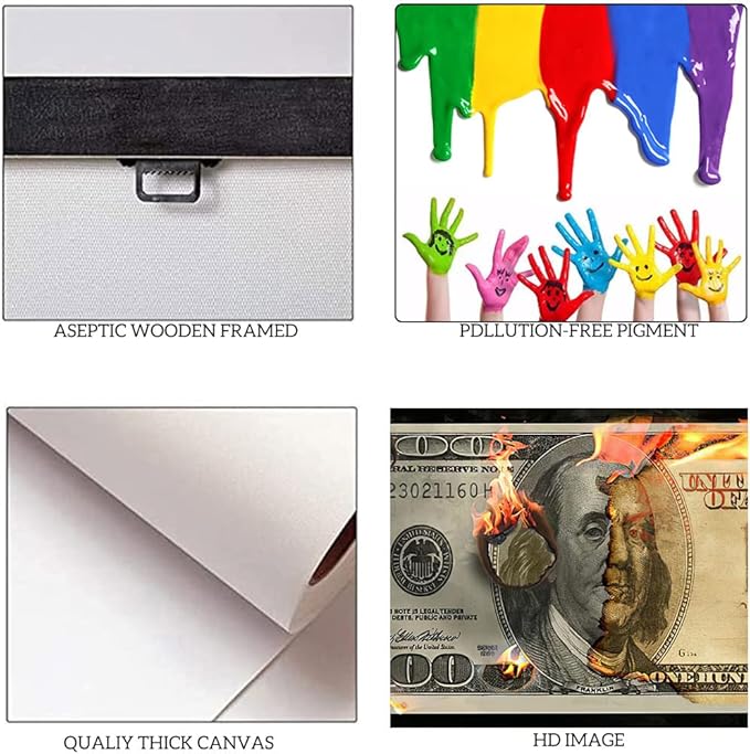 Work Pictures for Office Home Living Room Decor Burning Dollar Wall Paintings Artwork for Home Walls 100 Bill Money Giclee Canvas Art Print for Bedroom Rest Room Kitchen Framed Ready to Hang-32"Wx16"H