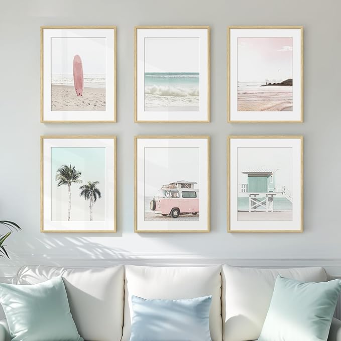 Framed Pink and Mint Green Coastal Wall Art for Living Room, 6 Piece Palm Tree Surfboard Beach Pictures Prints for Bedroom, Tropical Nautical Ocean Beachy Artwork for Hallway Walls Decor, 11x14 Inch
