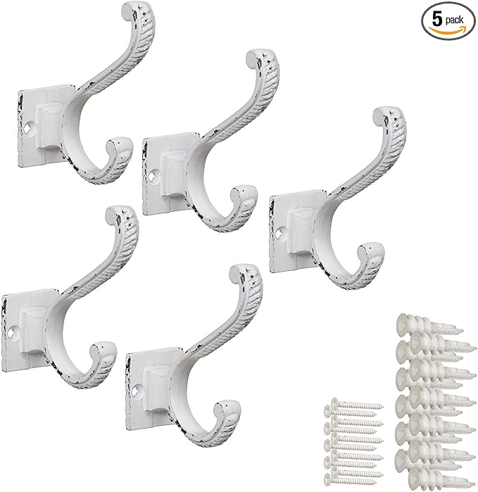 Claimed Corner Iron Scroll Coat Hooks - Wall Mounted Rustic Farmhouse Cast Iron DIY Coat Towel Hat Scarf Bag Hook - 5 Pack (Antique White)
