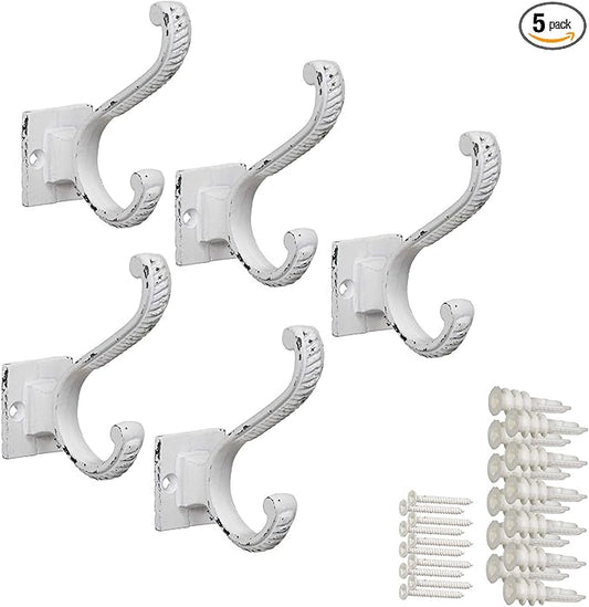Claimed Corner Iron Scroll Coat Hooks - Wall Mounted Rustic Farmhouse Cast Iron DIY Coat Towel Hat Scarf Bag Hook - 5 Pack (Antique White)